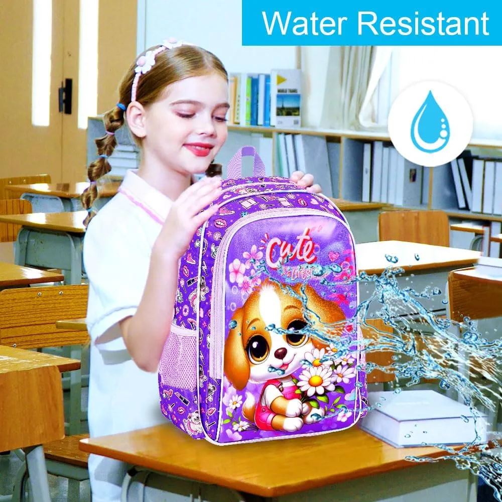 16" Girls Backpack, 3Pcs Dog School Bookbag with Lunch Box, Kids Backpacks for Elementary Preschool Kindergarten(Purple)