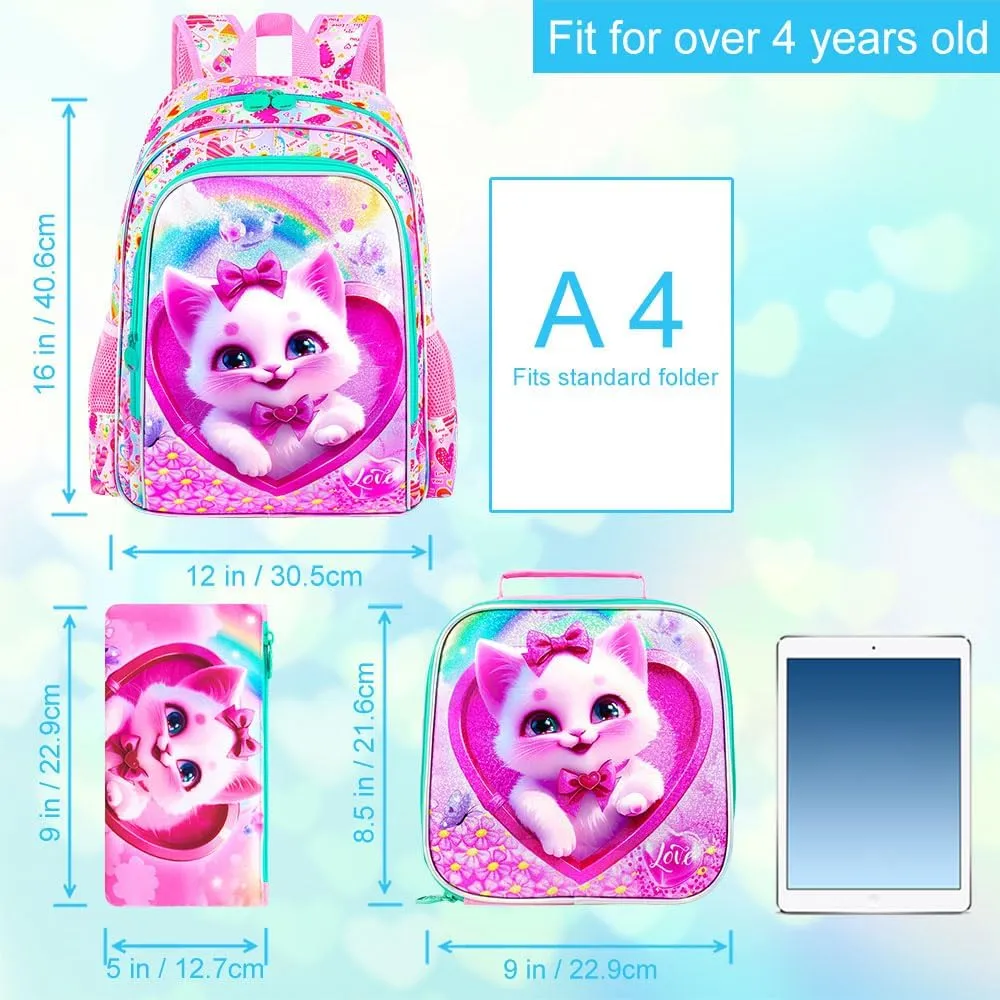 16" Girls Backpack, 3Pcs Kids Bookbag with Lunch Box, School Backpacks for Elementary Preschool Kindergarten