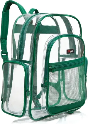 17 Inch Clear PVC Backpack with Green Trim and 5 Zipper Compartments, Transparent School Bookbag for Boys Girls, Travel or Work Bag for Men Women