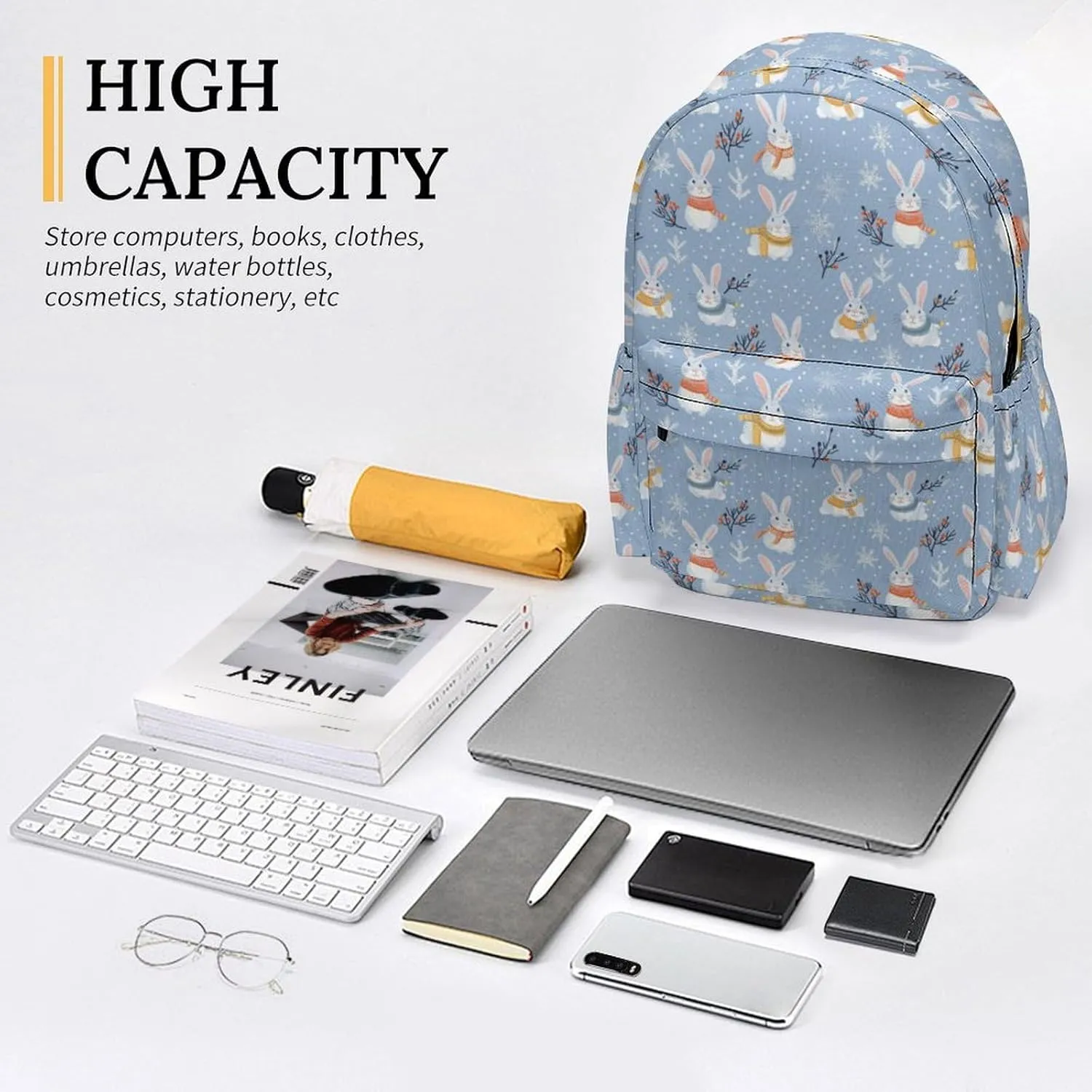 17 Inch Laptop Backpack Cute Cartoon Bunny Winter Snowflakes Teen Girls Boys School Backpack Bags Travel Bookbag Back Pack Outdoor Daypack for Women Men