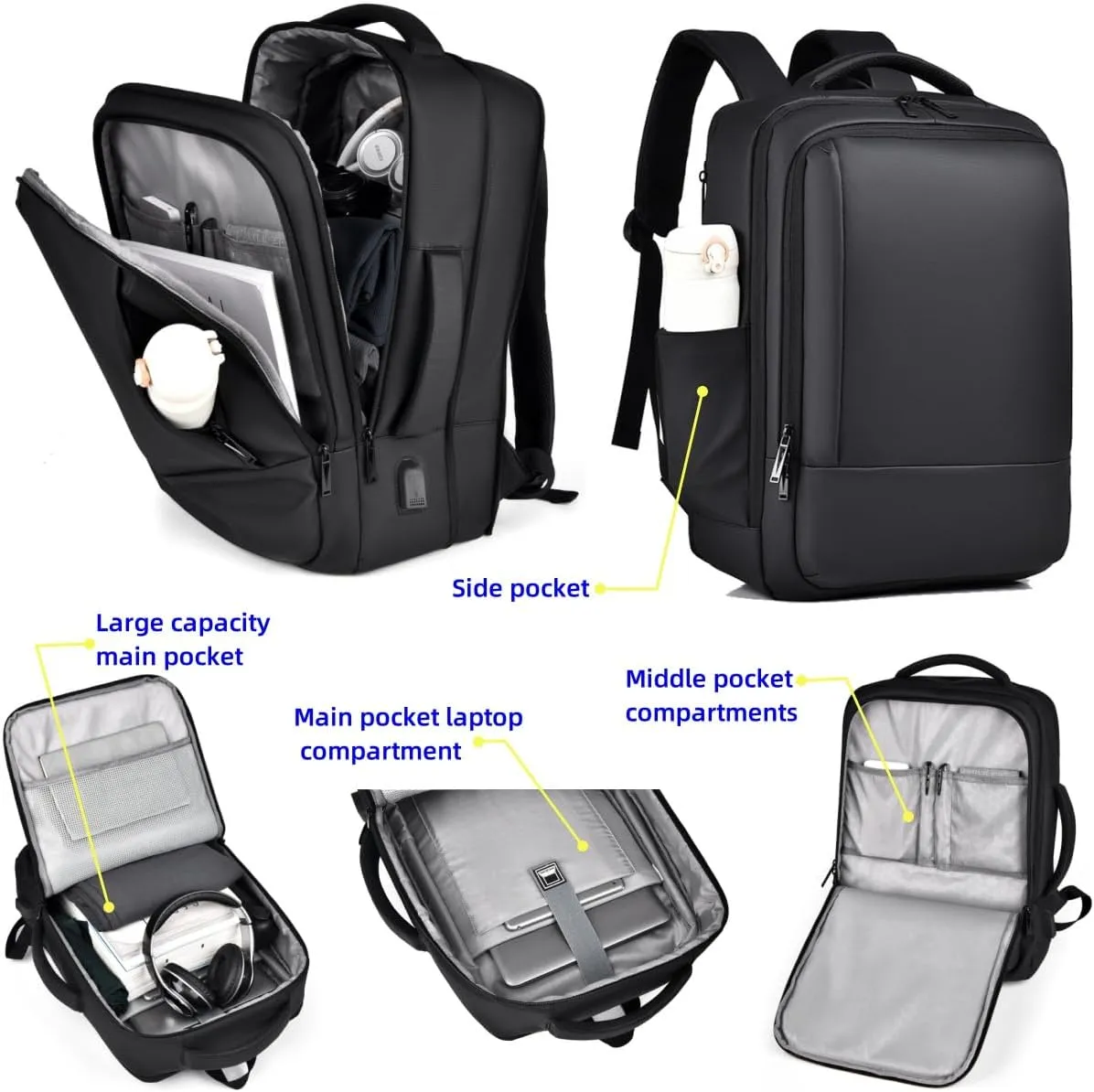 17/15.6" Business laptop backpack, PU Travel laptop backpack,carry on backpack, Expandable laptop backpack Men,college backpack(02#updated, Black)