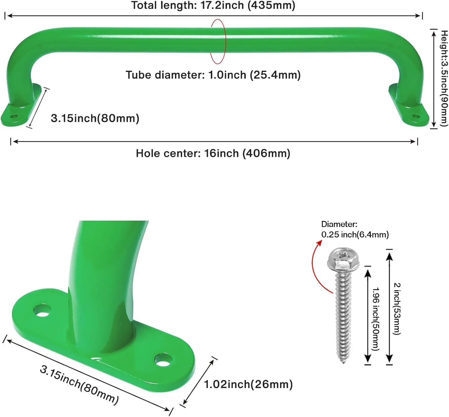 17.2 Inch Metal Playground Handles Green Set of 2- Outdoor Swing Sets Safety Handles - Playset Grab Bar, Indoor Kids Climbing Monkey Bars for Playhouse, Treehouse, Jungle Gym