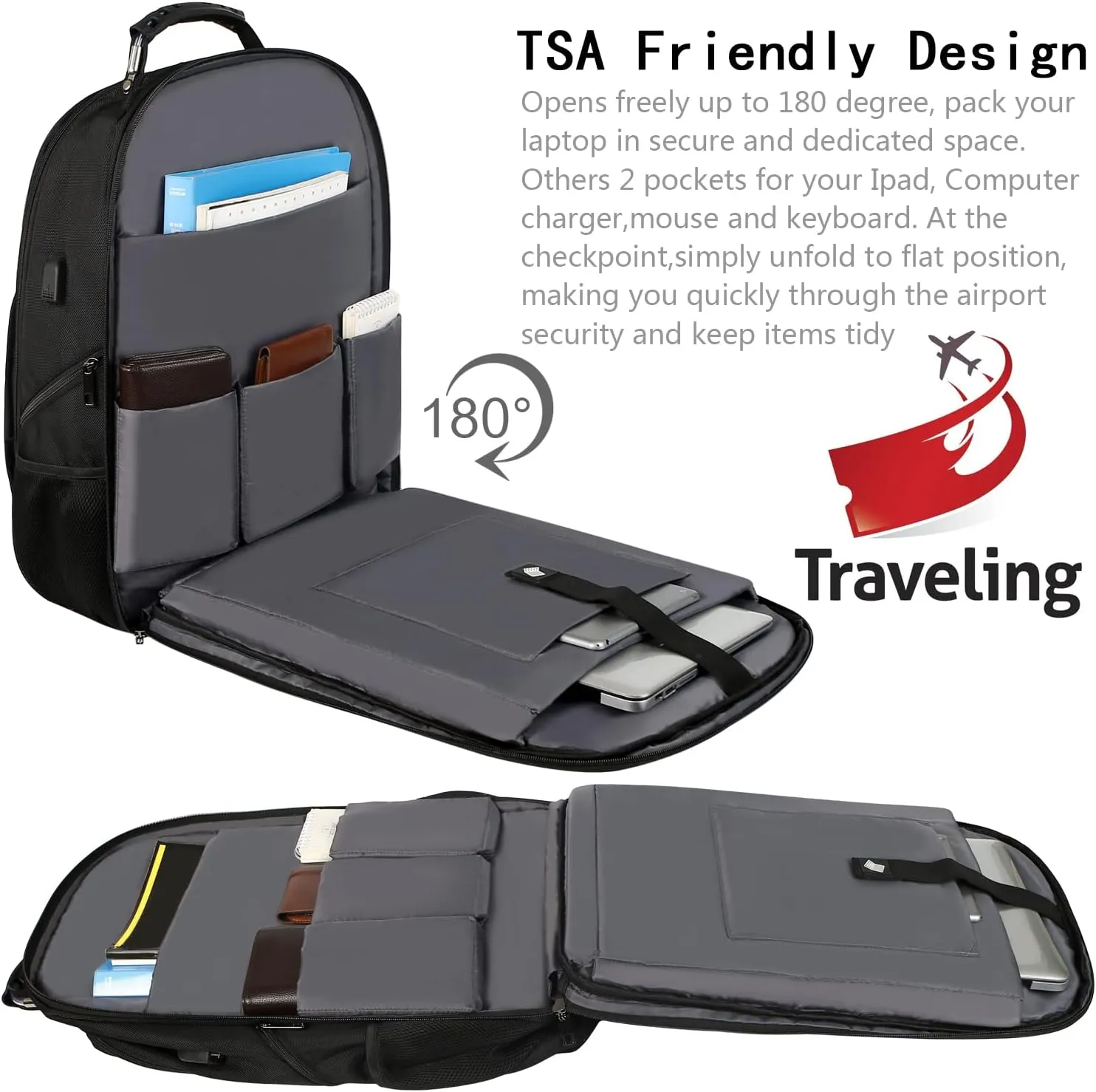 18.4 '' Laptop Backpack for Men,Women,55L Extra Large Travel Laptop Backpack with USB Charger Port,Headphone Hole,Chest Strap,TSA Friendly Flight Approved RFID Anti-theft Water Resistant Rugby Pocket