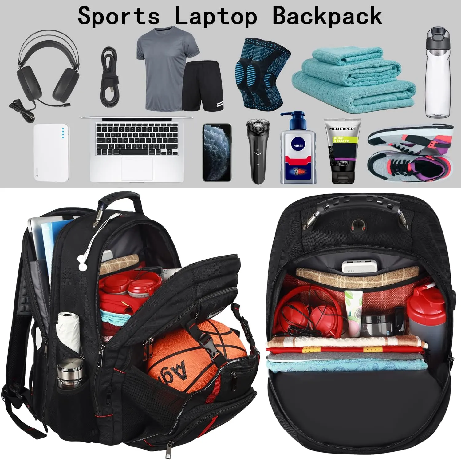 18.4 '' Laptop Backpack for Men,Women,55L Extra Large Travel Laptop Backpack with USB Charger Port,Headphone Hole,Chest Strap,TSA Friendly Flight Approved RFID Anti-theft Water Resistant Rugby Pocket