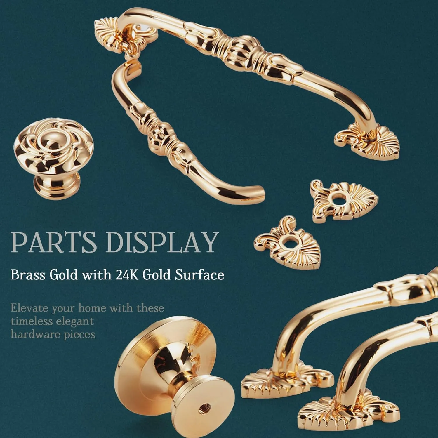 2 Pack 5'' Brass Cabinet Handles Antique Floral Pattern Cupboard Handle Drawer Pulls Solid Brass Kitchen Hardware Pulls 24K Gold Handles for Cabinet Drawer Wardrobe (5” Hole Center, 24K Gold)