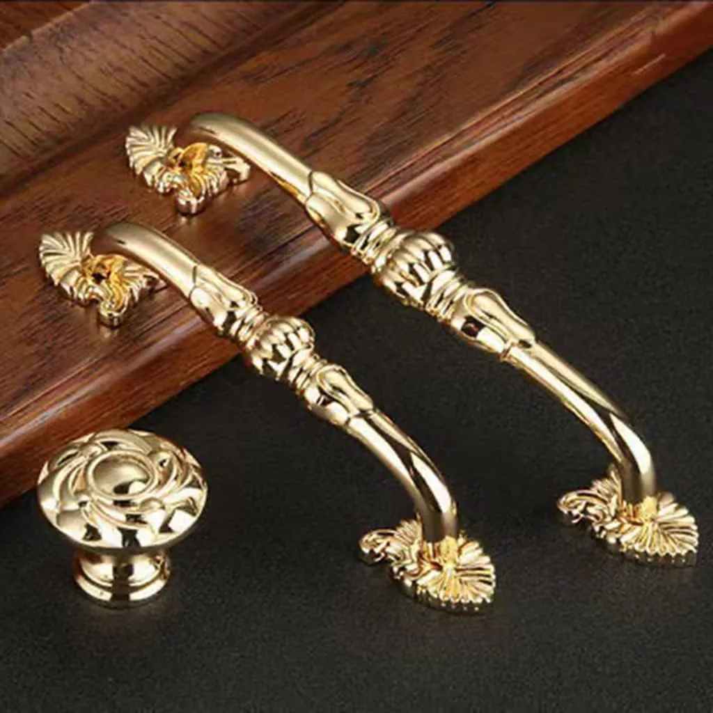 2 Pack 5'' Brass Cabinet Handles Antique Floral Pattern Cupboard Handle Drawer Pulls Solid Brass Kitchen Hardware Pulls 24K Gold Handles for Cabinet Drawer Wardrobe (5” Hole Center, 24K Gold)