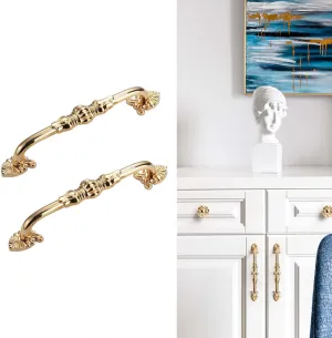 2 Pack 5'' Brass Cabinet Handles Antique Floral Pattern Cupboard Handle Drawer Pulls Solid Brass Kitchen Hardware Pulls 24K Gold Handles for Cabinet Drawer Wardrobe (5” Hole Center, 24K Gold)