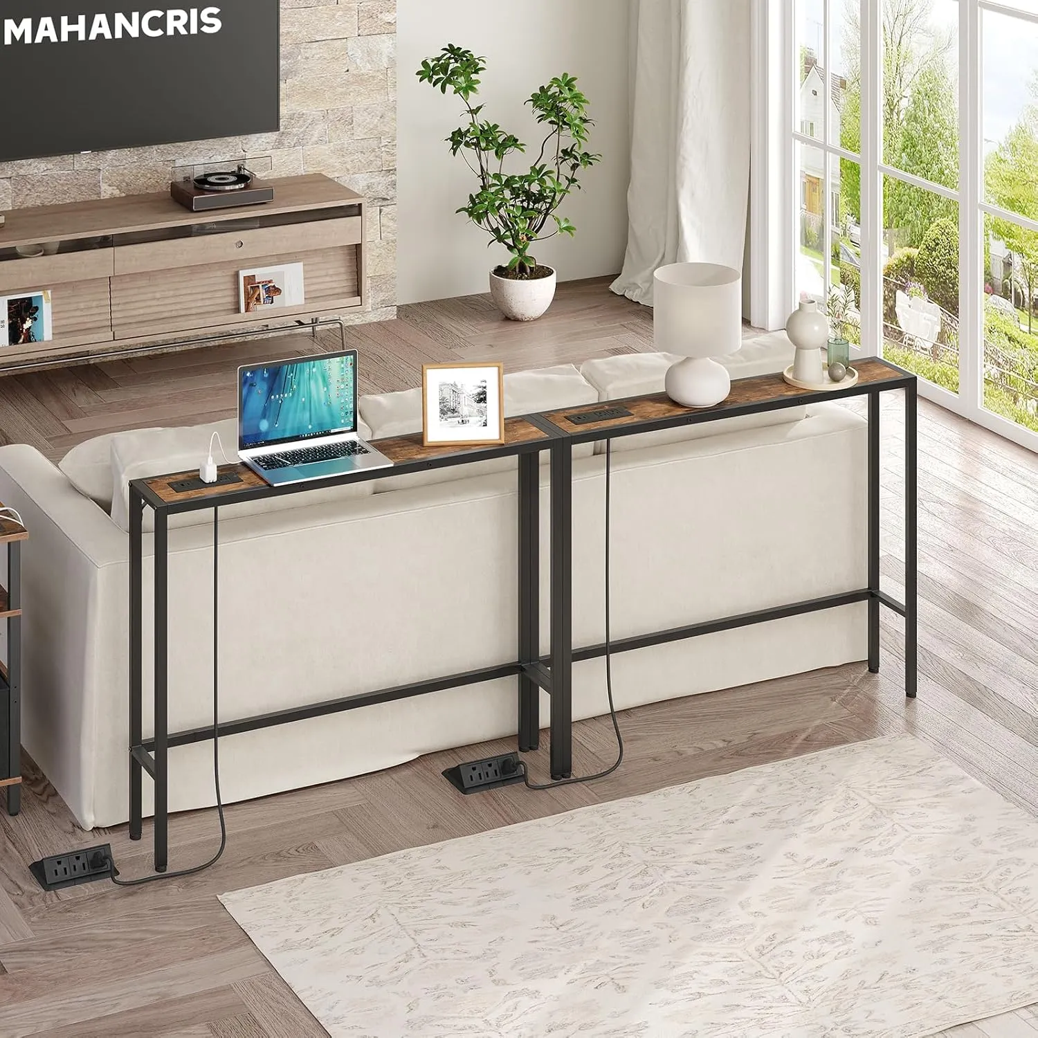 2 Pack Narrow Console Sofa Table with Charging Station, Skinny Behind Couch Table, 39.4"L x 5.9"W x 31.5"H, Long Entryway Tables for Living Room, Hallway, Foyer, Rusitc Brown CTHR968E01S2