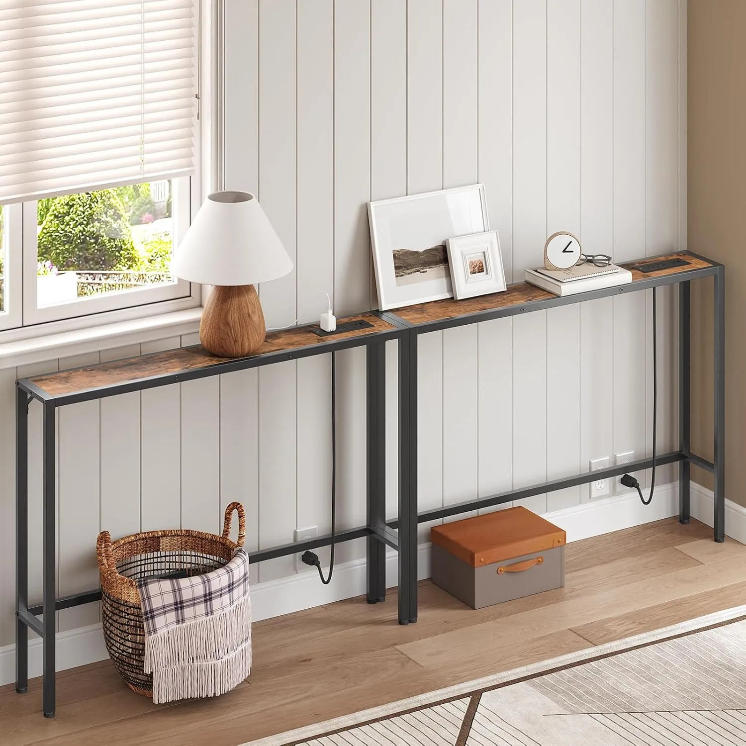2 Pack Narrow Console Sofa Table with Charging Station, Skinny Behind Couch Table, 39.4"L x 5.9"W x 31.5"H, Long Entryway Tables for Living Room, Hallway, Foyer, Rusitc Brown CTHR968E01S2
