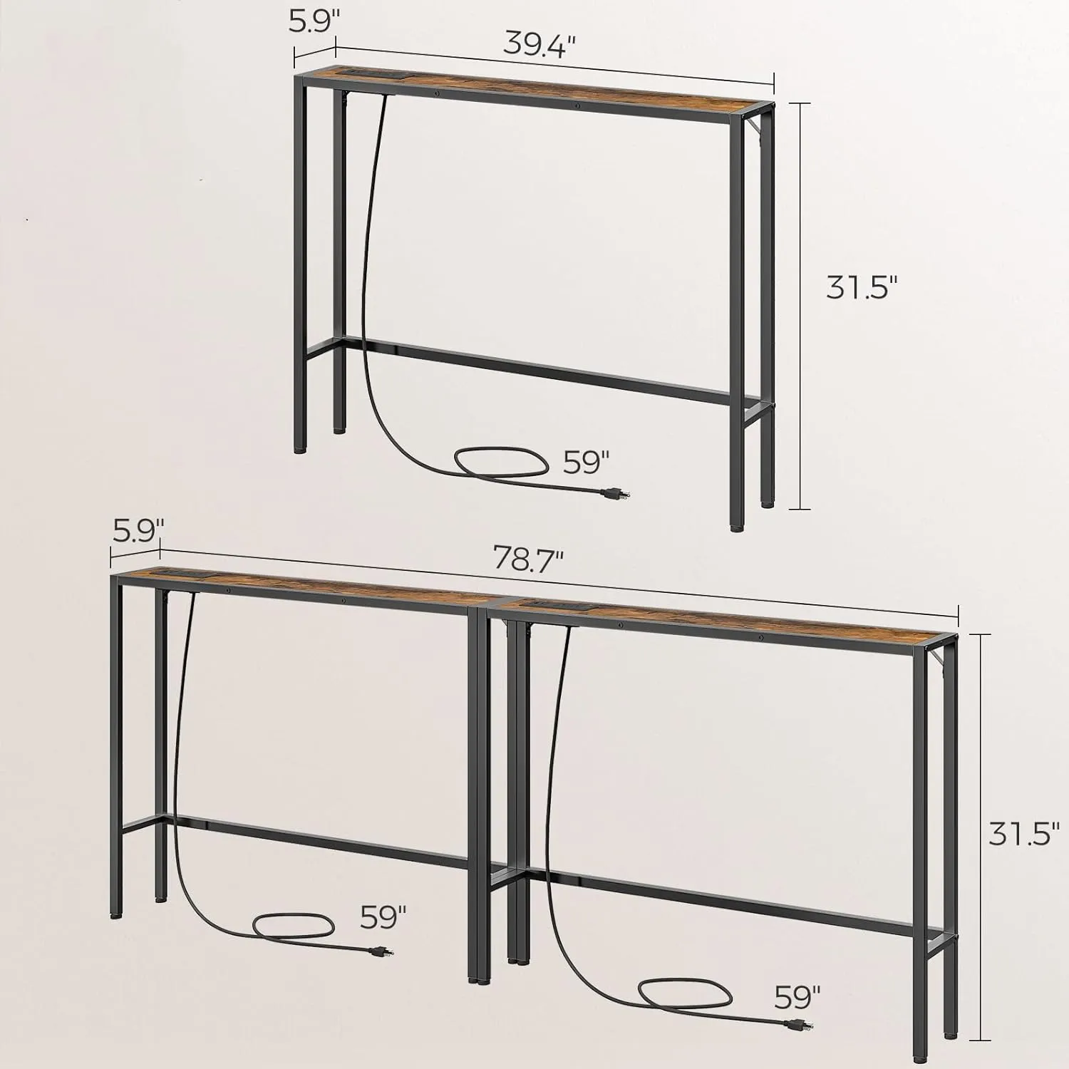 2 Pack Narrow Console Sofa Table with Charging Station, Skinny Behind Couch Table, 39.4"L x 5.9"W x 31.5"H, Long Entryway Tables for Living Room, Hallway, Foyer, Rusitc Brown CTHR968E01S2