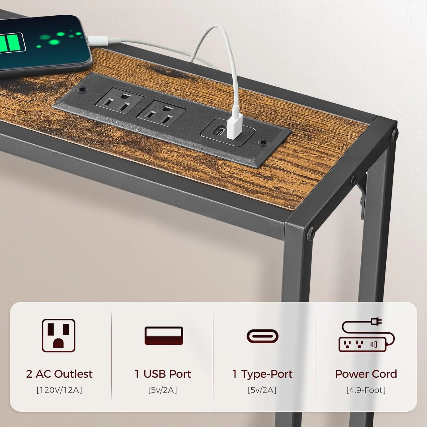 2 Pack Narrow Console Sofa Table with Charging Station, Skinny Behind Couch Table, 39.4"L x 5.9"W x 31.5"H, Long Entryway Tables for Living Room, Hallway, Foyer, Rusitc Brown CTHR968E01S2