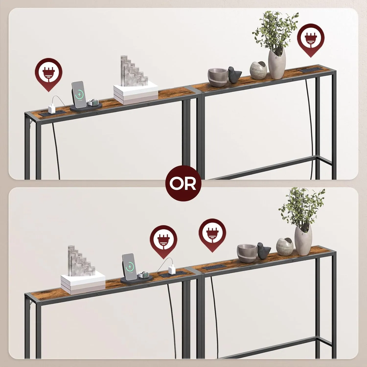 2 Pack Narrow Console Sofa Table with Charging Station, Skinny Behind Couch Table, 39.4"L x 5.9"W x 31.5"H, Long Entryway Tables for Living Room, Hallway, Foyer, Rusitc Brown CTHR968E01S2