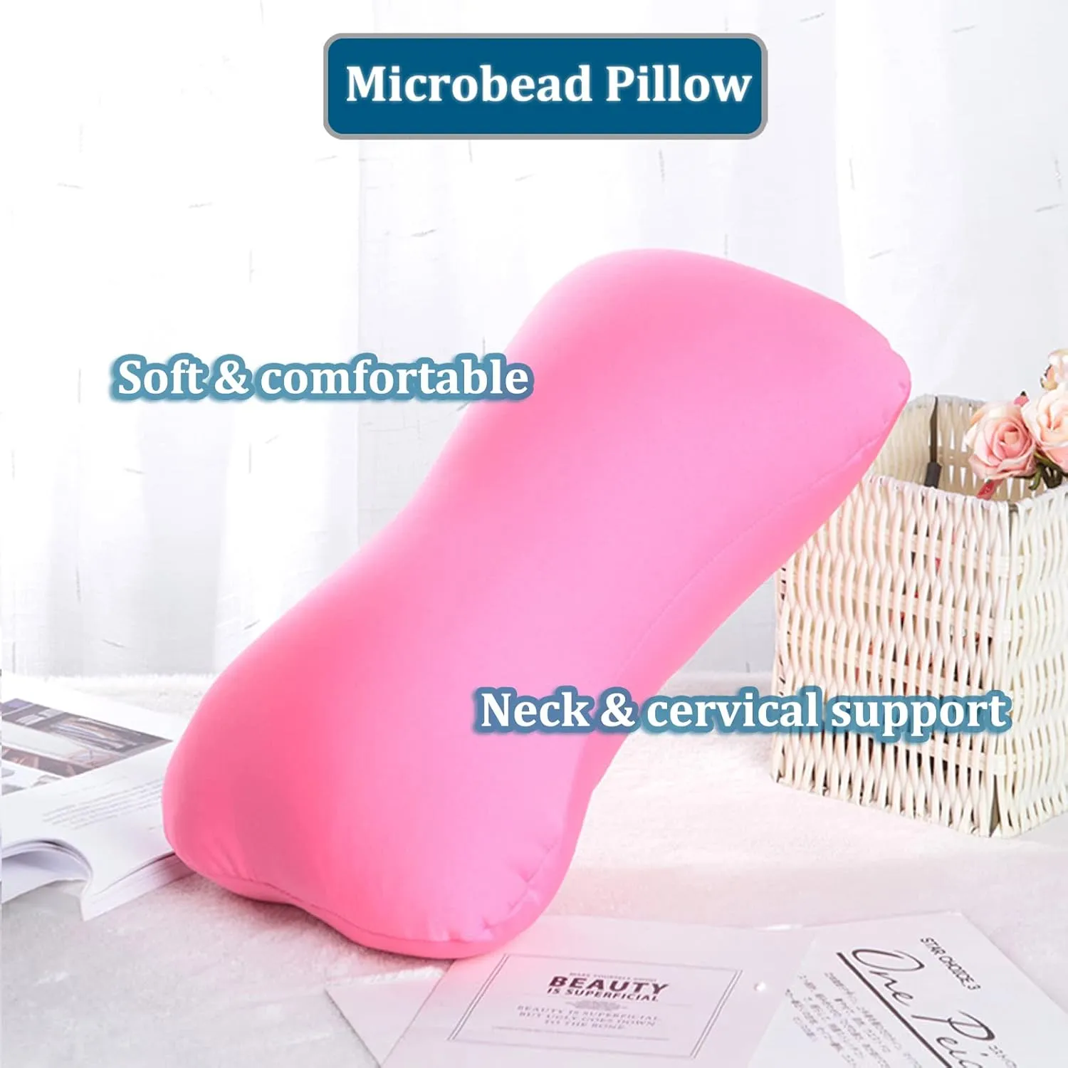 2 Pack Squishy Microbead Neck Pillow, Neck & Cervical Support Bolster Cushion Body Pillow Bone Headrest Bean Bag Pillows for Home Sofa Bed Recliner Sleeping Travel Car (Purple   Pink)