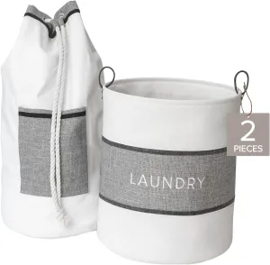 2-Piece Laundry Bag and Basket Set with Easy-Carry Handle, Heavy Duty Canvas and EVA, Durable and Stylish for Laundry Storage, Cream with Dark Gray and Black Accents
