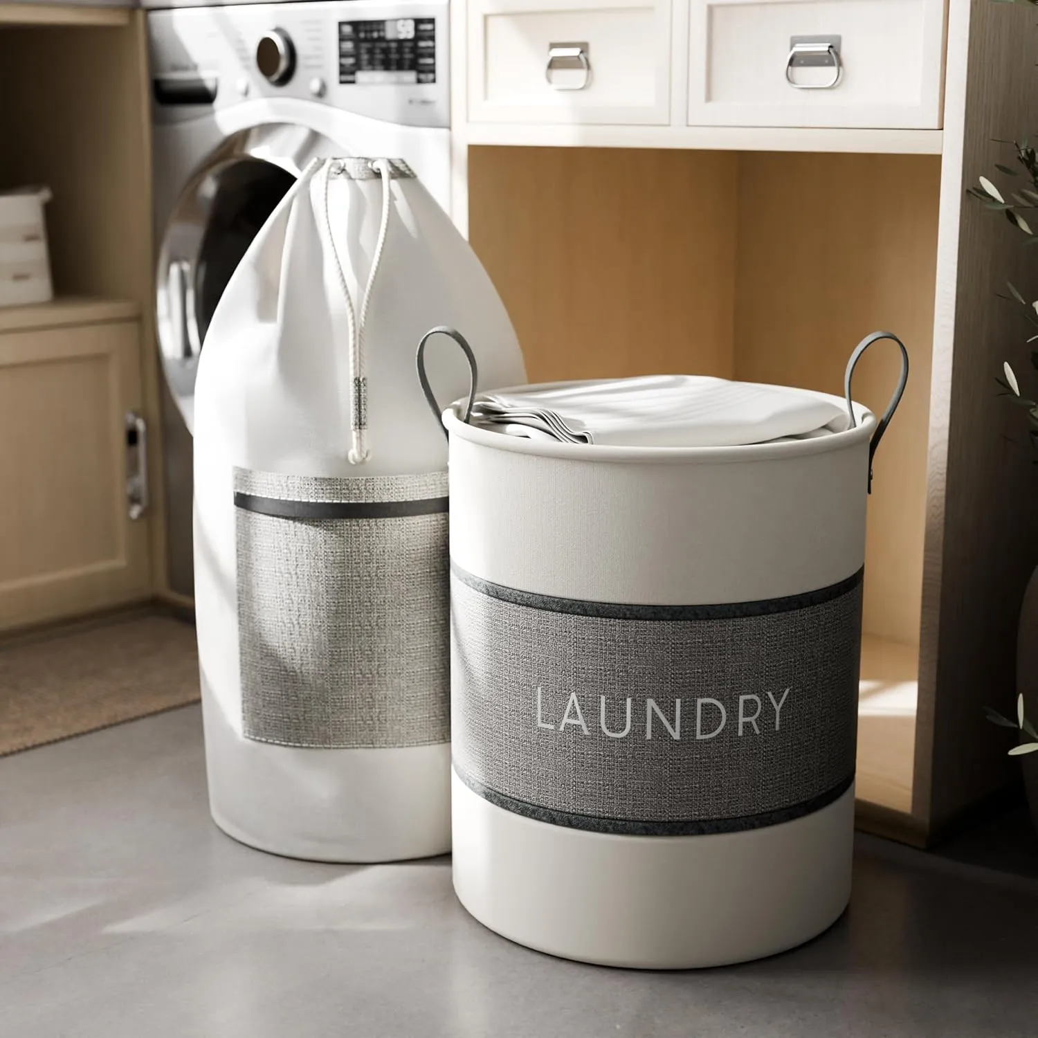 2-Piece Laundry Bag and Basket Set with Easy-Carry Handle, Heavy Duty Canvas and EVA, Durable and Stylish for Laundry Storage, Cream with Dark Gray and Black Accents