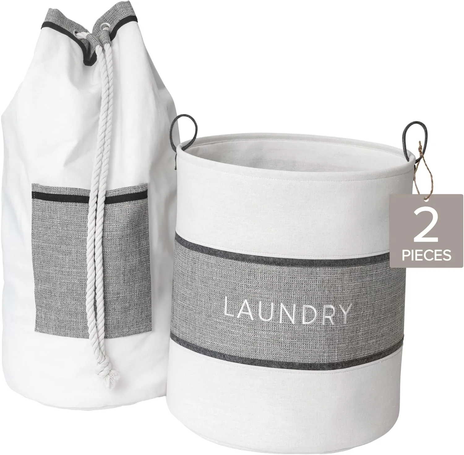 2-Piece Laundry Bag and Basket Set with Easy-Carry Handle, Heavy Duty Canvas and EVA, Durable and Stylish for Laundry Storage, Cream with Dark Gray and Black Accents