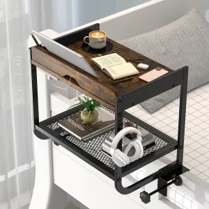 2 Tier Bedside Shelf for Bunk & Loft Beds, Clip-On Nightstand for Small Spaces, Bunk Bed Shelf for Storing Issues That Water/Books/Tablets（Brown）