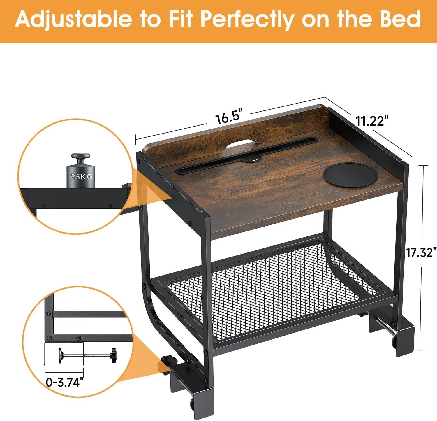 2 Tier Bedside Shelf for Bunk & Loft Beds, Clip-On Nightstand for Small Spaces, Bunk Bed Shelf for Storing Issues That Water/Books/Tablets（Brown）