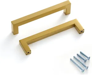 20 Pack Gold Cabinet Handles Square Drawer Pulls 5 inch Hole Centers Brushed Brass Dresser Pulls Cupboard Handles Stainless Steel Kitchen Cabinet Hardware