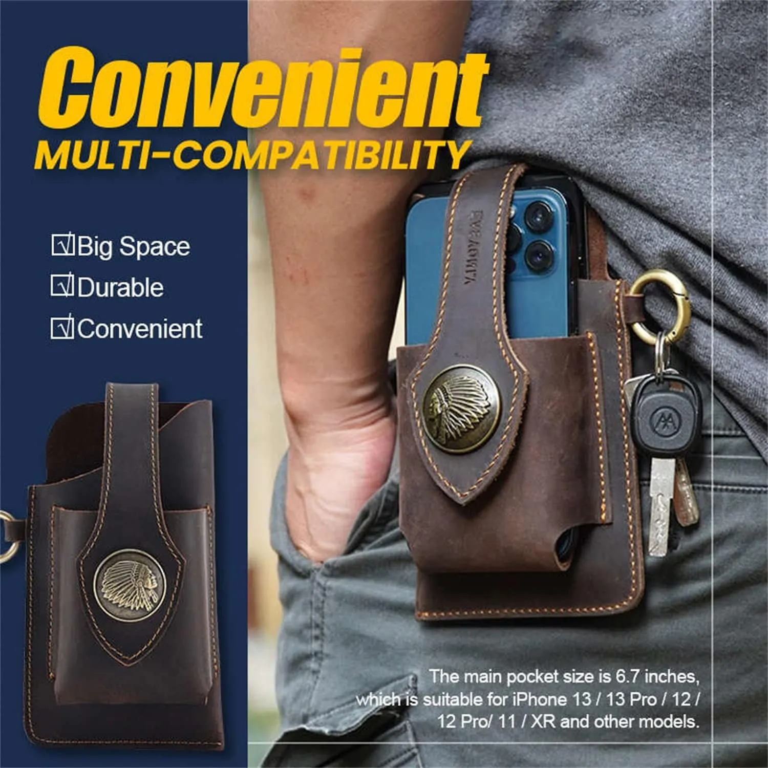 2023 New Multifunctional Leather Mobile Phone Bag with Belt Clip, Premium Rugged Leather Cell Phone Holster with Belt Loop, Belt Phone Pouches Holder for All Phones (Black)