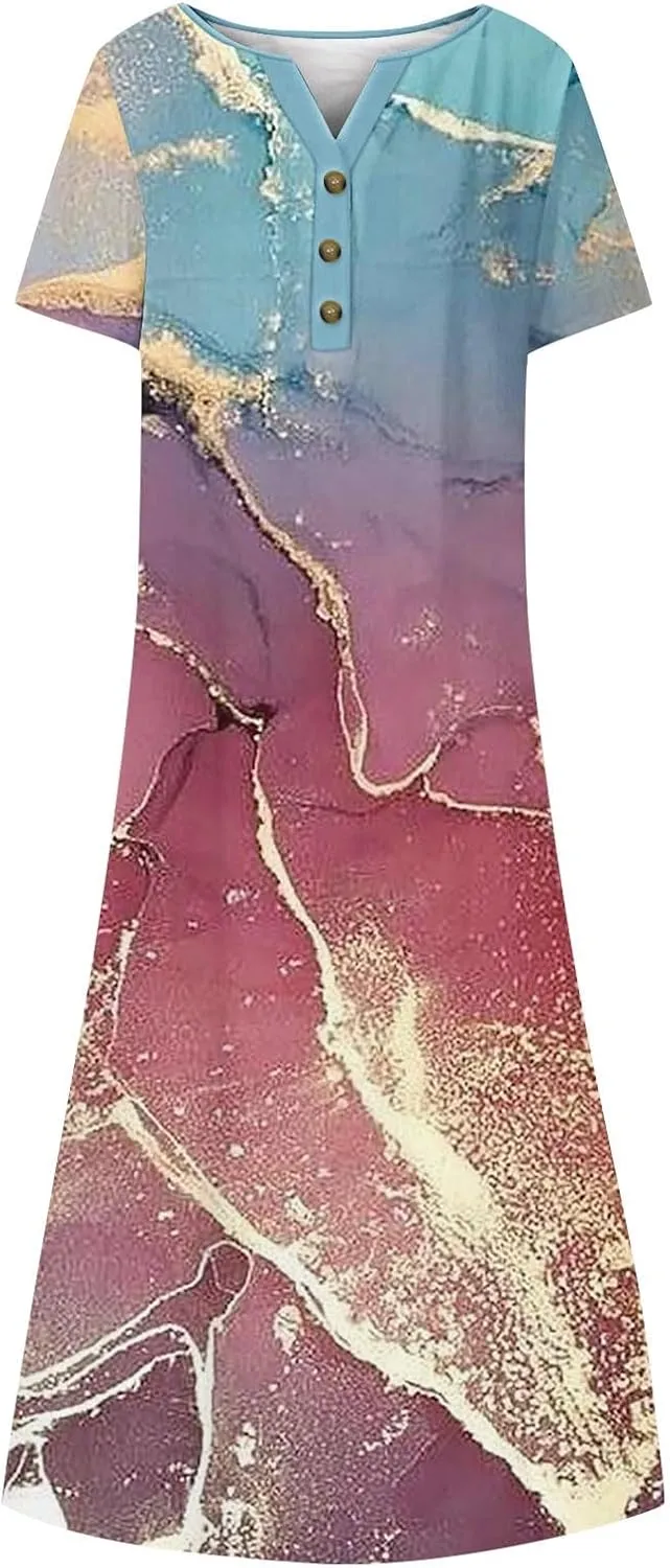2025 Women Fashion Printed Dresses Button V-Neck Short Sleeve Casual Side Pocket Flowy Dresses Novelty Summer Clothes