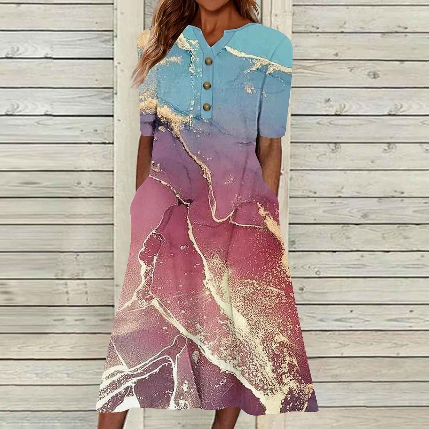 2025 Women Fashion Printed Dresses Button V-Neck Short Sleeve Casual Side Pocket Flowy Dresses Novelty Summer Clothes