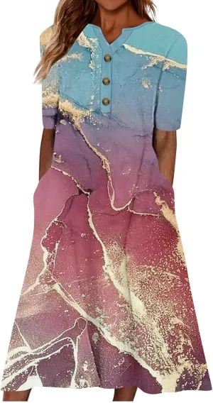 2025 Women Fashion Printed Dresses Button V-Neck Short Sleeve Casual Side Pocket Flowy Dresses Novelty Summer Clothes