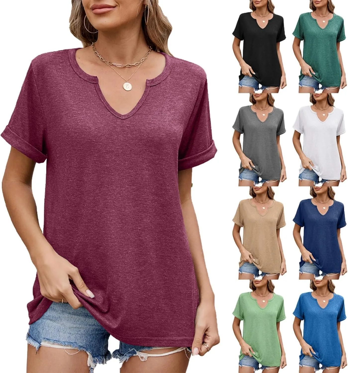 2025 Womens Summer Tops Short Sleeve V-Neck T Shirts Casual Basic Tees Trendy Clothes