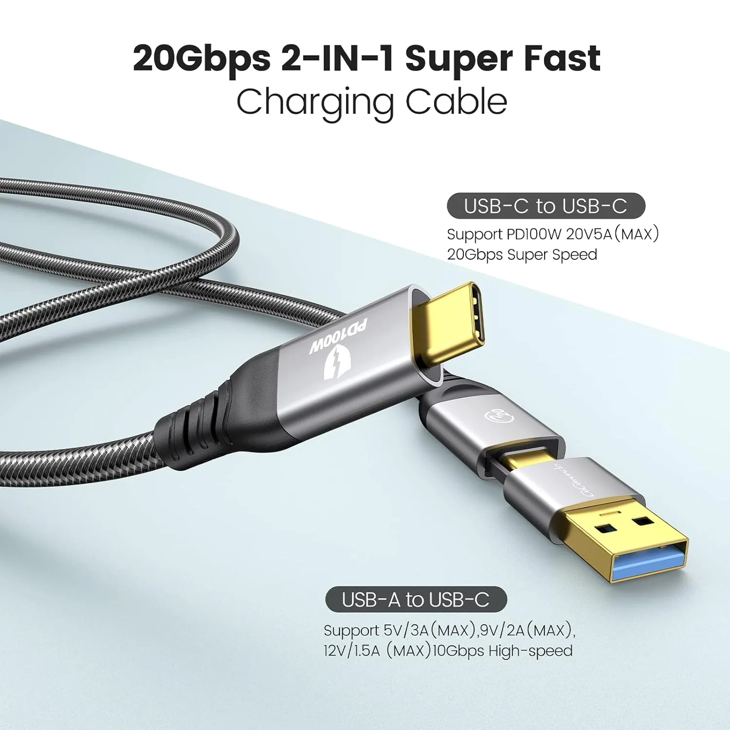 20Gbps USB 3.2 Gen 2x2 Cable 6.6 ft, Thunderbolt 3 Compatible, Support 4K 60Hz Video Output, PD 100W 5A Fast Charging for Laptop, MacBooks, iPad Pro, Dell, Phones, Docking etc