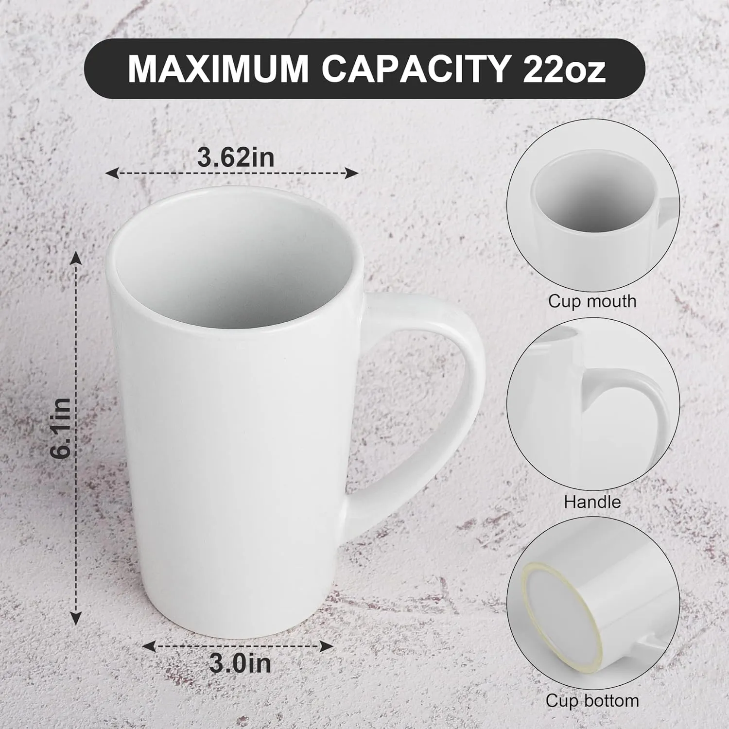 22oz white Super Large tall Ceramic Coffee Mugs Large Handles Set of 4