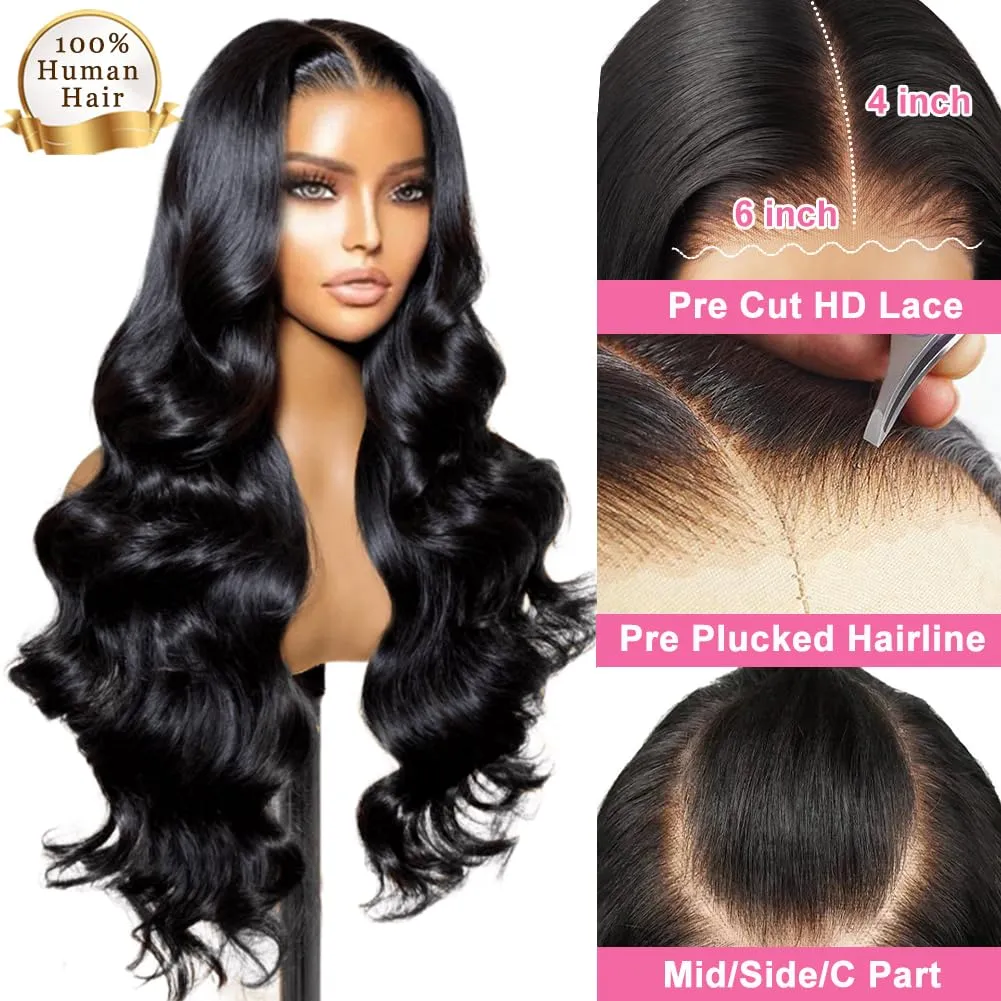 26 Inch 210% Density 6x4 Wear and Go Glueless Wigs 100% Real Human Hair Wig Pre Cut Pre Plucked 220g/pc Body Wave Wig Pre Everything Glueless Wig Middle Part Lace Closure Wigs for Black Women