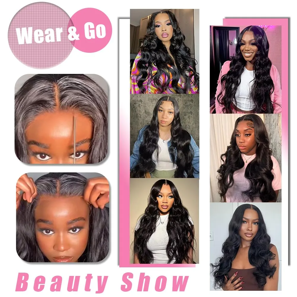 26 Inch 210% Density 6x4 Wear and Go Glueless Wigs 100% Real Human Hair Wig Pre Cut Pre Plucked 220g/pc Body Wave Wig Pre Everything Glueless Wig Middle Part Lace Closure Wigs for Black Women