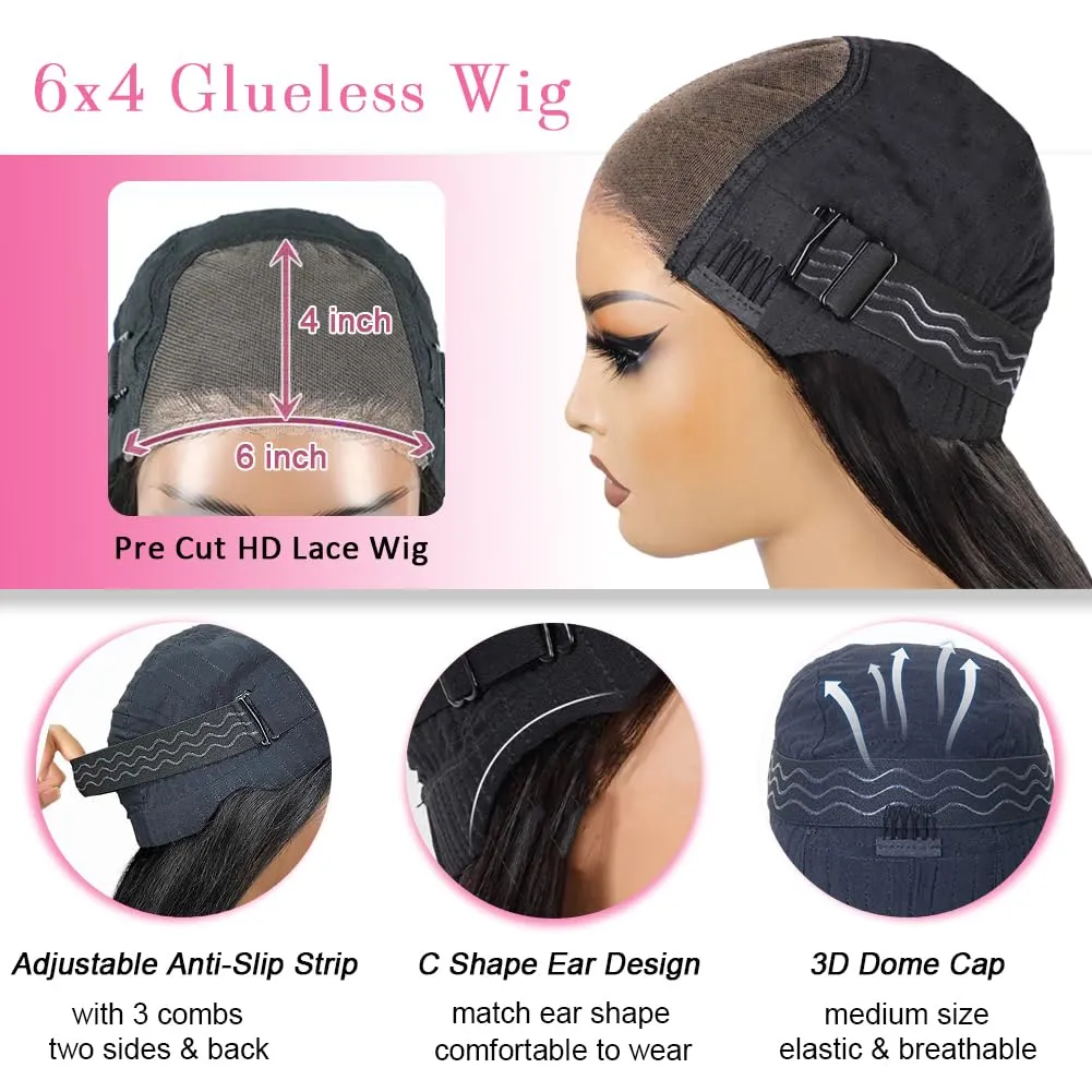 26 Inch 210% Density 6x4 Wear and Go Glueless Wigs 100% Real Human Hair Wig Pre Cut Pre Plucked 220g/pc Body Wave Wig Pre Everything Glueless Wig Middle Part Lace Closure Wigs for Black Women