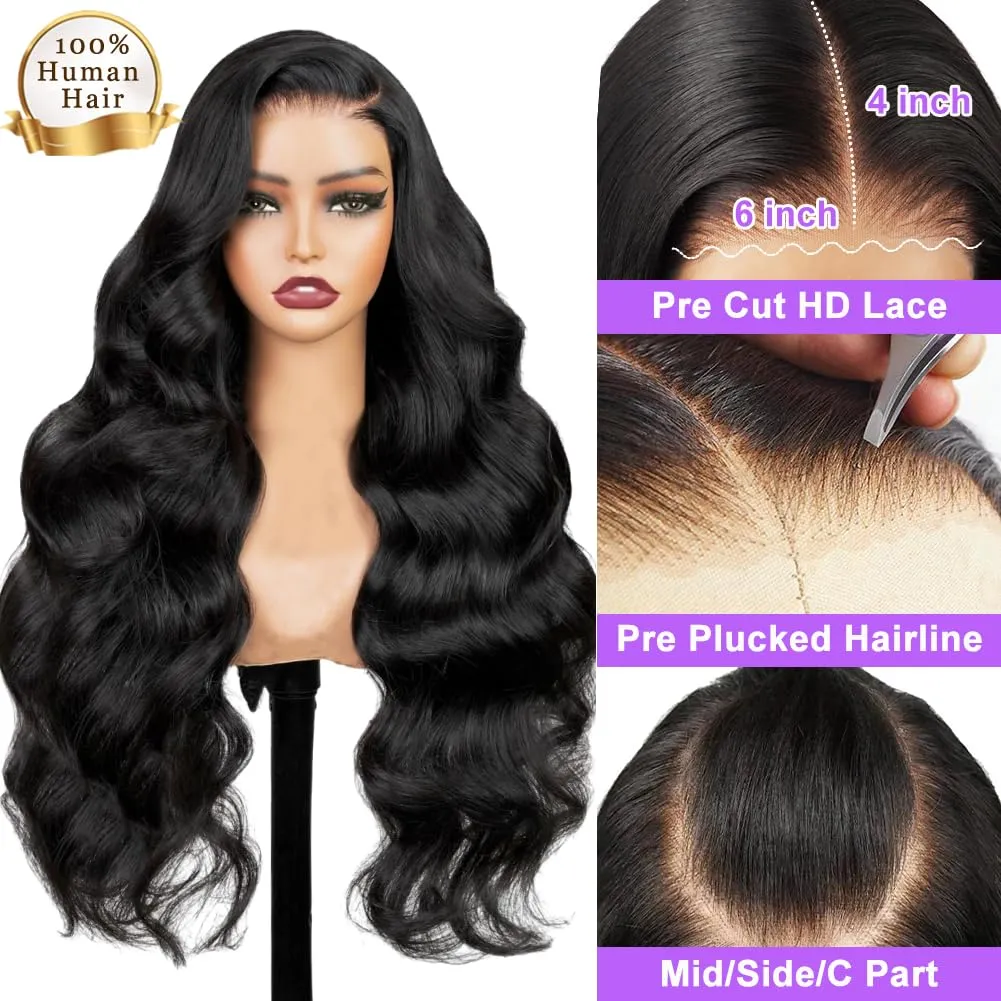 26 Inch 250% Density 6x4 Wear and Go Glueless Wigs,100% Real Human Hair Wig,250g/pc, Skinlike hd Lace Wig Pre Plucked Pre Cut,Body Wave Closure Wigs Human Hair Middle Part