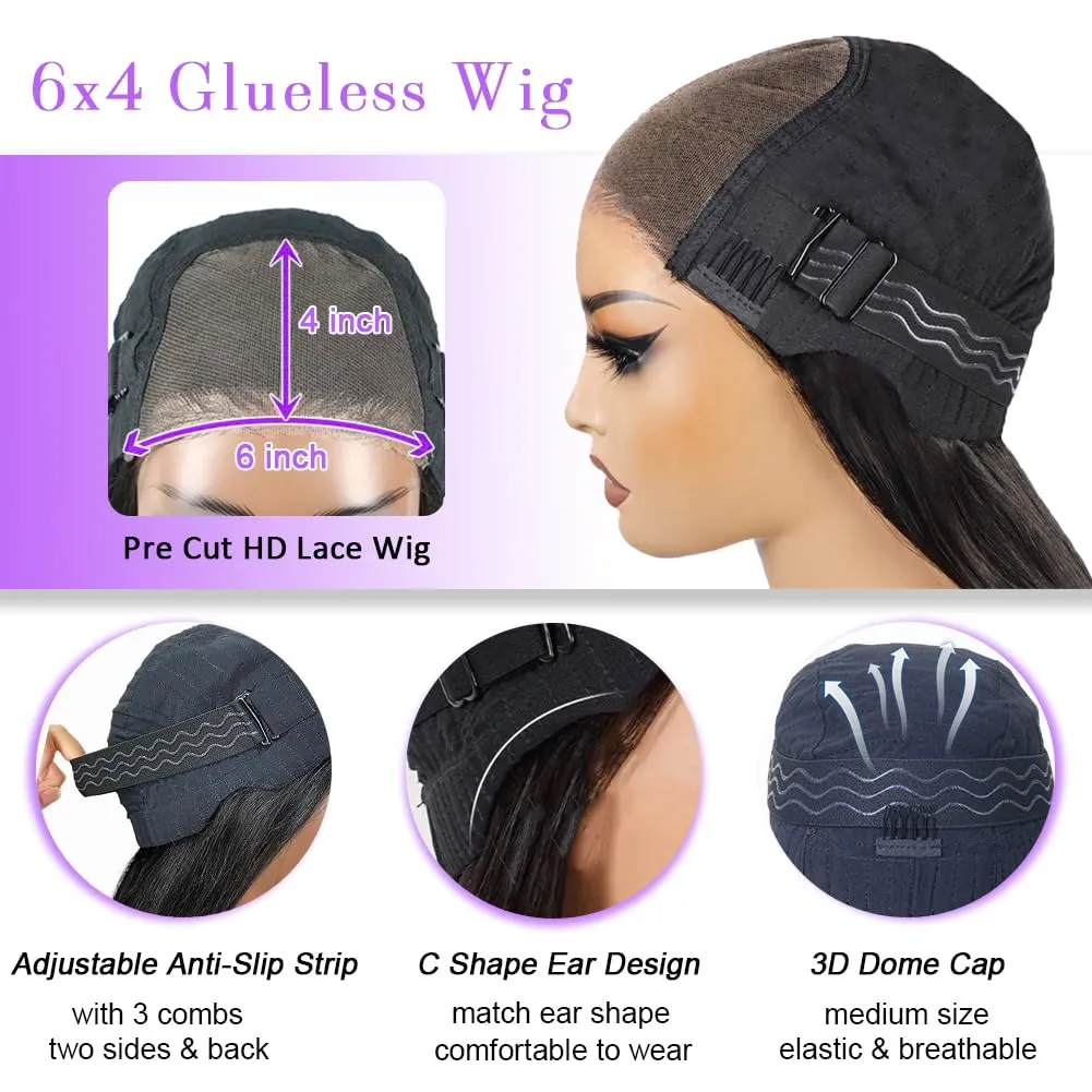 26 Inch 250% Density 6x4 Wear and Go Glueless Wigs,100% Real Human Hair Wig,250g/pc, Skinlike hd Lace Wig Pre Plucked Pre Cut,Body Wave Closure Wigs Human Hair Middle Part