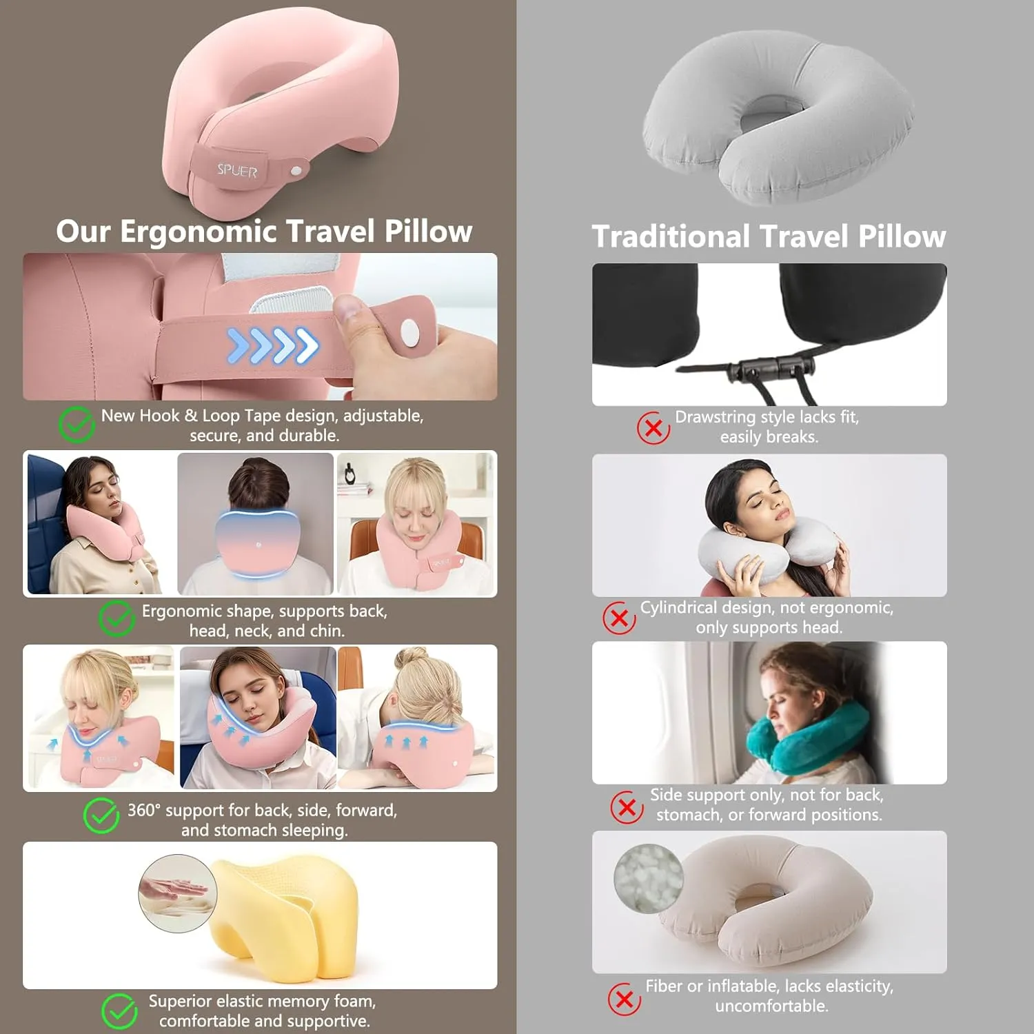 2in1 Ergonomic Memory Foam Travel Neck Pillow – 2025 Upgrade Travel Pillow for All Sleep Positions on Flights, Road Trips, and Long Distance Travel with Drawstring Bag (Adjustable - Pink)