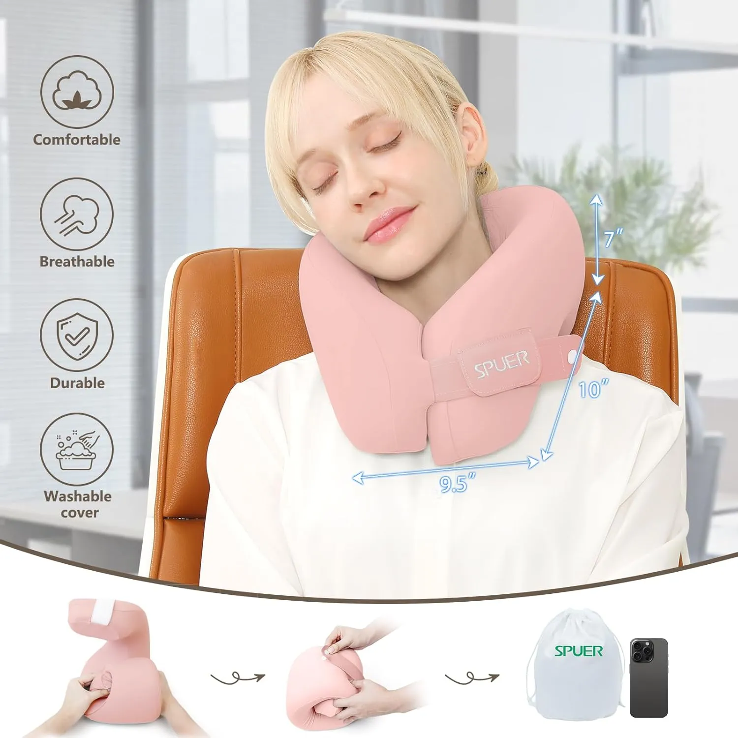 2in1 Ergonomic Memory Foam Travel Neck Pillow – 2025 Upgrade Travel Pillow for All Sleep Positions on Flights, Road Trips, and Long Distance Travel with Drawstring Bag (Adjustable - Pink)