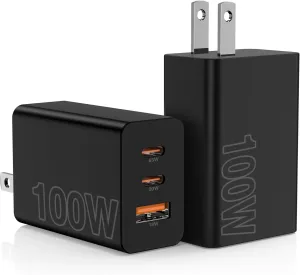 2Pack 100W USB C Wall Charger Block,3-Port (65w 20W 18w) Super Fast Charging Power Adapter,Multi USB C Charging Hub Plug Cube for MacBook,iPad Pro, Galaxy S25, iPhone 16/15 and More-Black