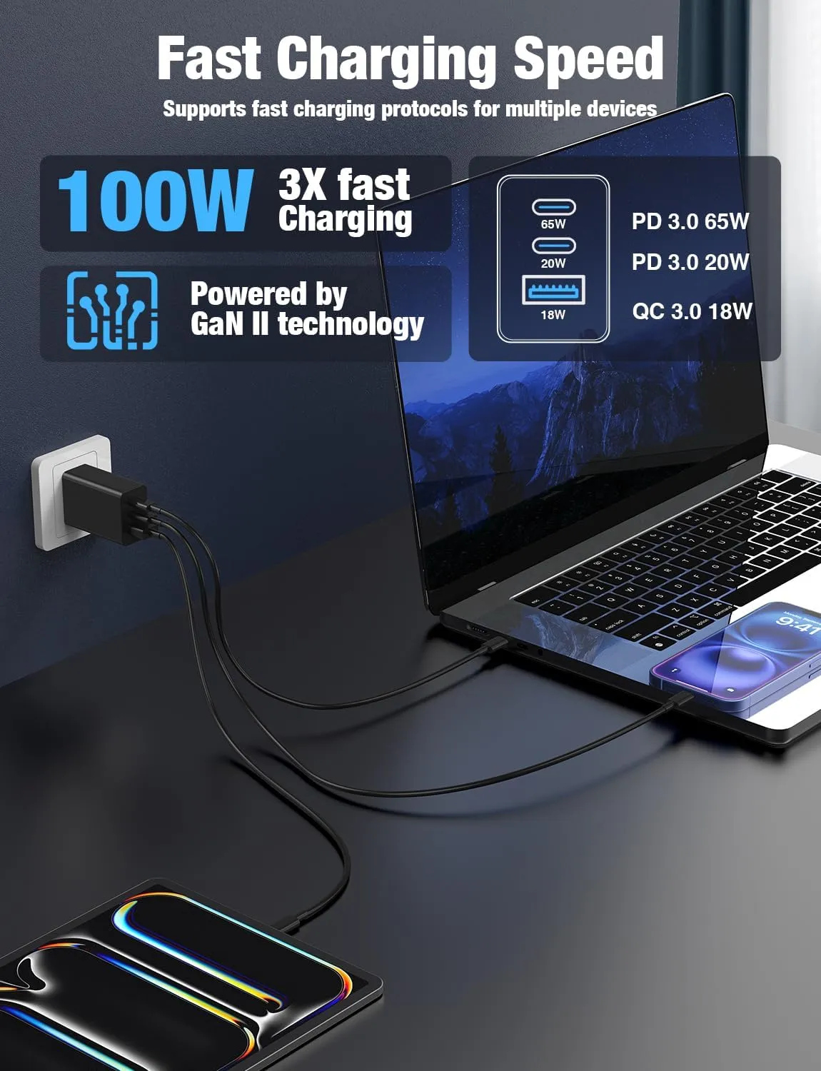 2Pack 100W USB C Wall Charger Block,3-Port (65w 20W 18w) Super Fast Charging Power Adapter,Multi USB C Charging Hub Plug Cube for MacBook,iPad Pro, Galaxy S25, iPhone 16/15 and More-Black
