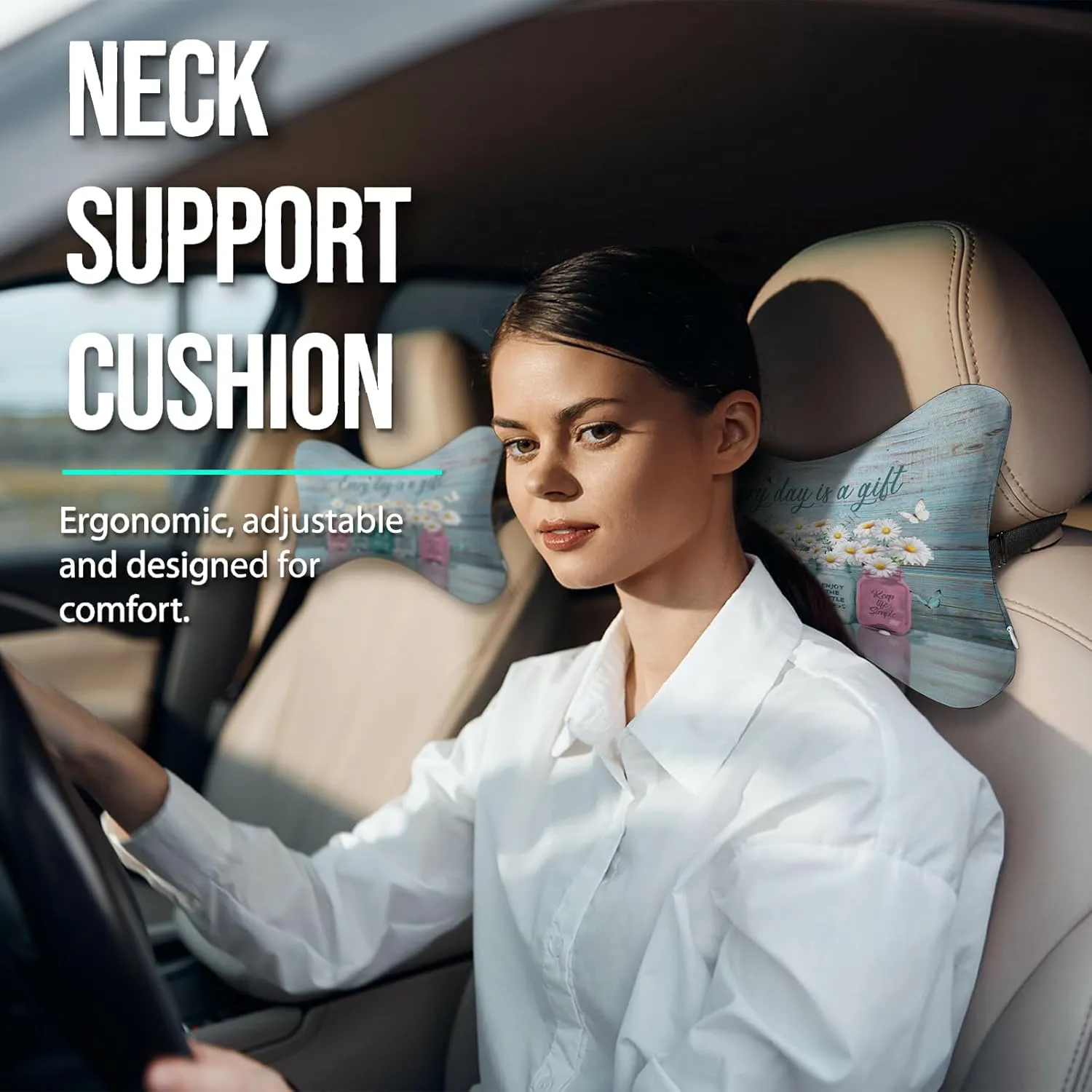 2Pcs Bible Super Comfy Car Headrest Pillow for Neck Support 100% Memory Foam & Breathable Removable Cover Car Neck Pain Relief with Adjustable Strap - Softness Travel Car Neck Pillow