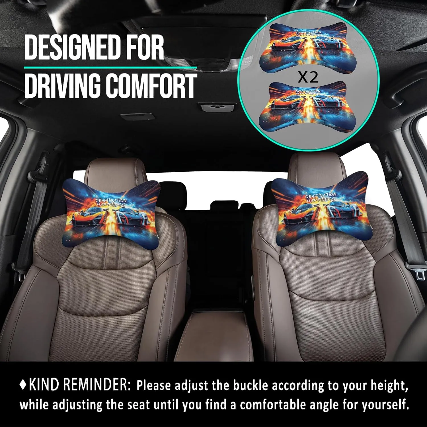 2Pcs Cool Super Comfy Car Headrest Pillow for Neck Support 100% Memory Foam & Breathable Removable Cover Car Neck Pain Relief with Adjustable Strap - Softness Travel Car Neck Pillow