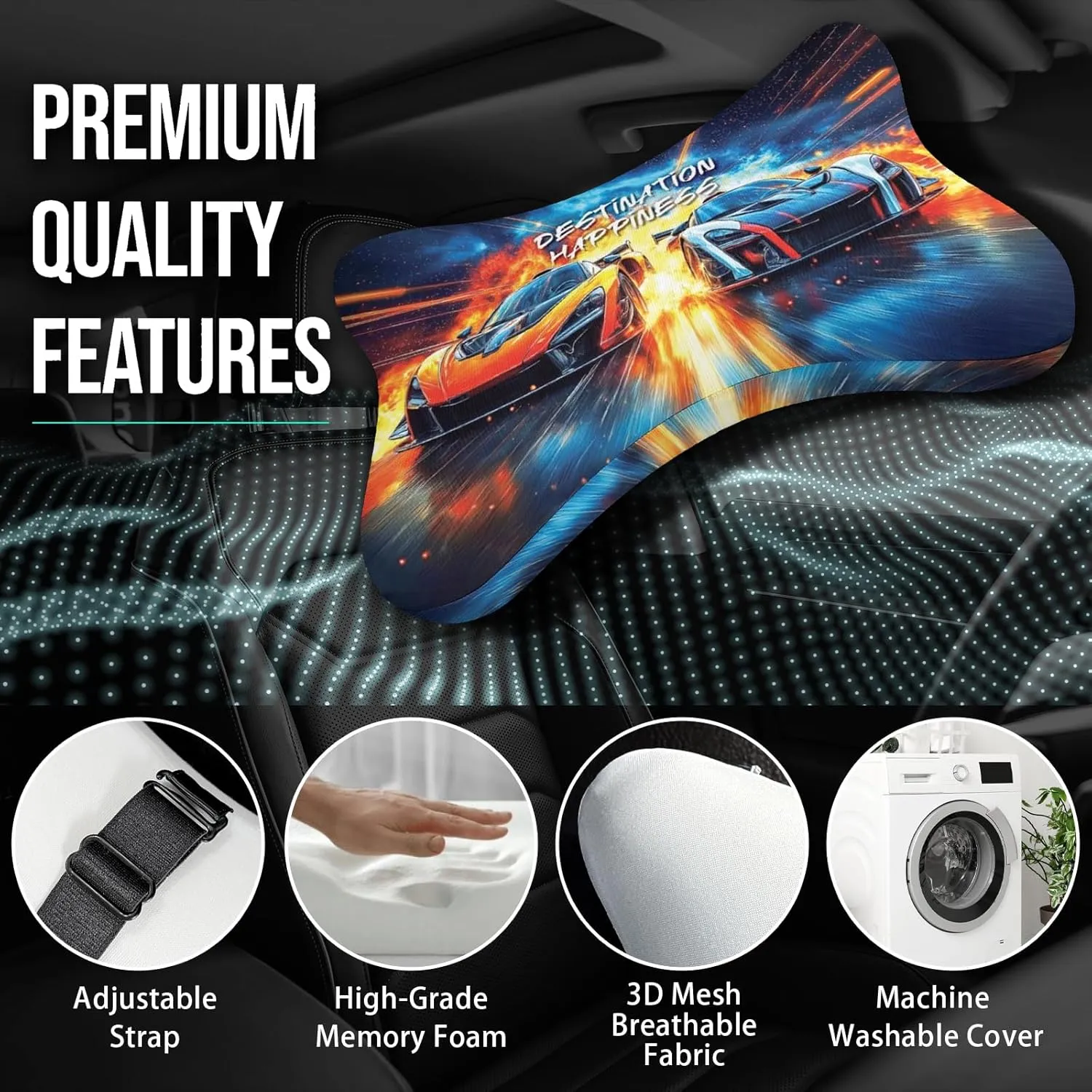 2Pcs Cool Super Comfy Car Headrest Pillow for Neck Support 100% Memory Foam & Breathable Removable Cover Car Neck Pain Relief with Adjustable Strap - Softness Travel Car Neck Pillow