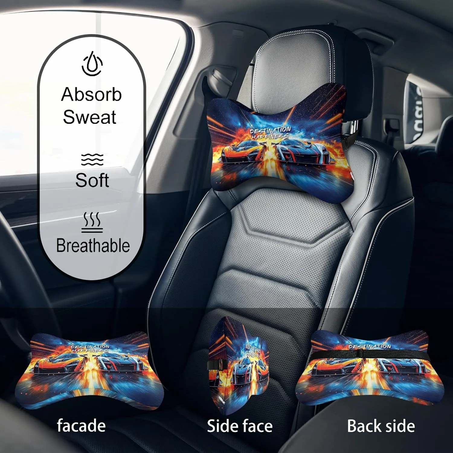 2Pcs Cool Super Comfy Car Headrest Pillow for Neck Support 100% Memory Foam & Breathable Removable Cover Car Neck Pain Relief with Adjustable Strap - Softness Travel Car Neck Pillow