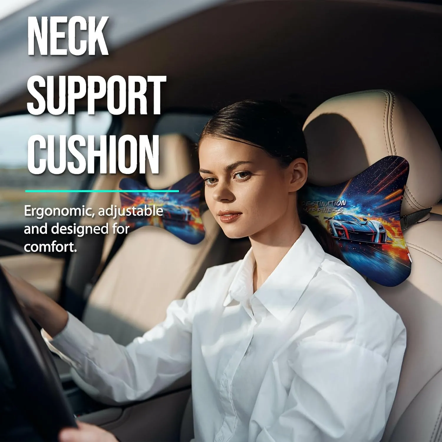 2Pcs Cool Super Comfy Car Headrest Pillow for Neck Support 100% Memory Foam & Breathable Removable Cover Car Neck Pain Relief with Adjustable Strap - Softness Travel Car Neck Pillow