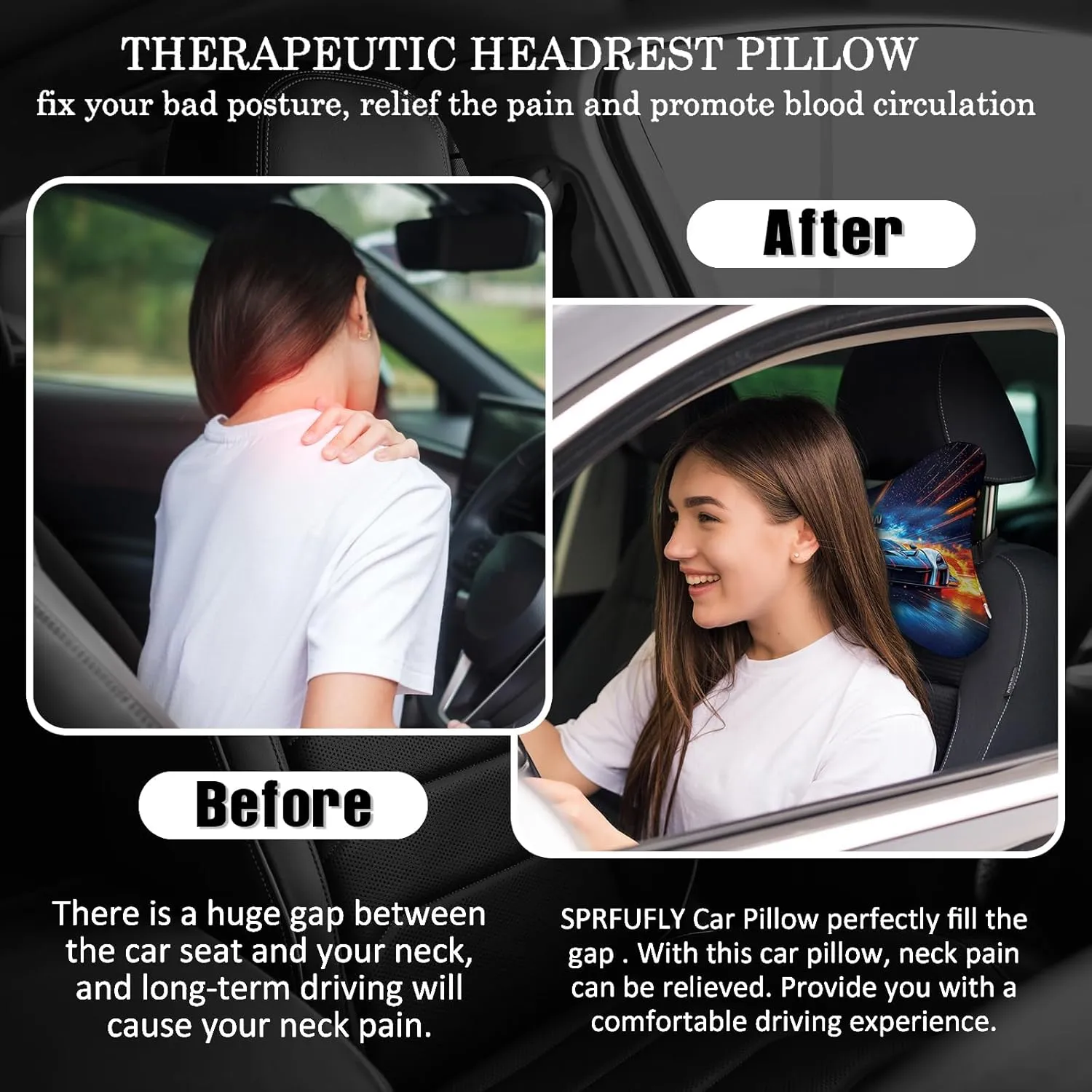 2Pcs Cool Super Comfy Car Headrest Pillow for Neck Support 100% Memory Foam & Breathable Removable Cover Car Neck Pain Relief with Adjustable Strap - Softness Travel Car Neck Pillow