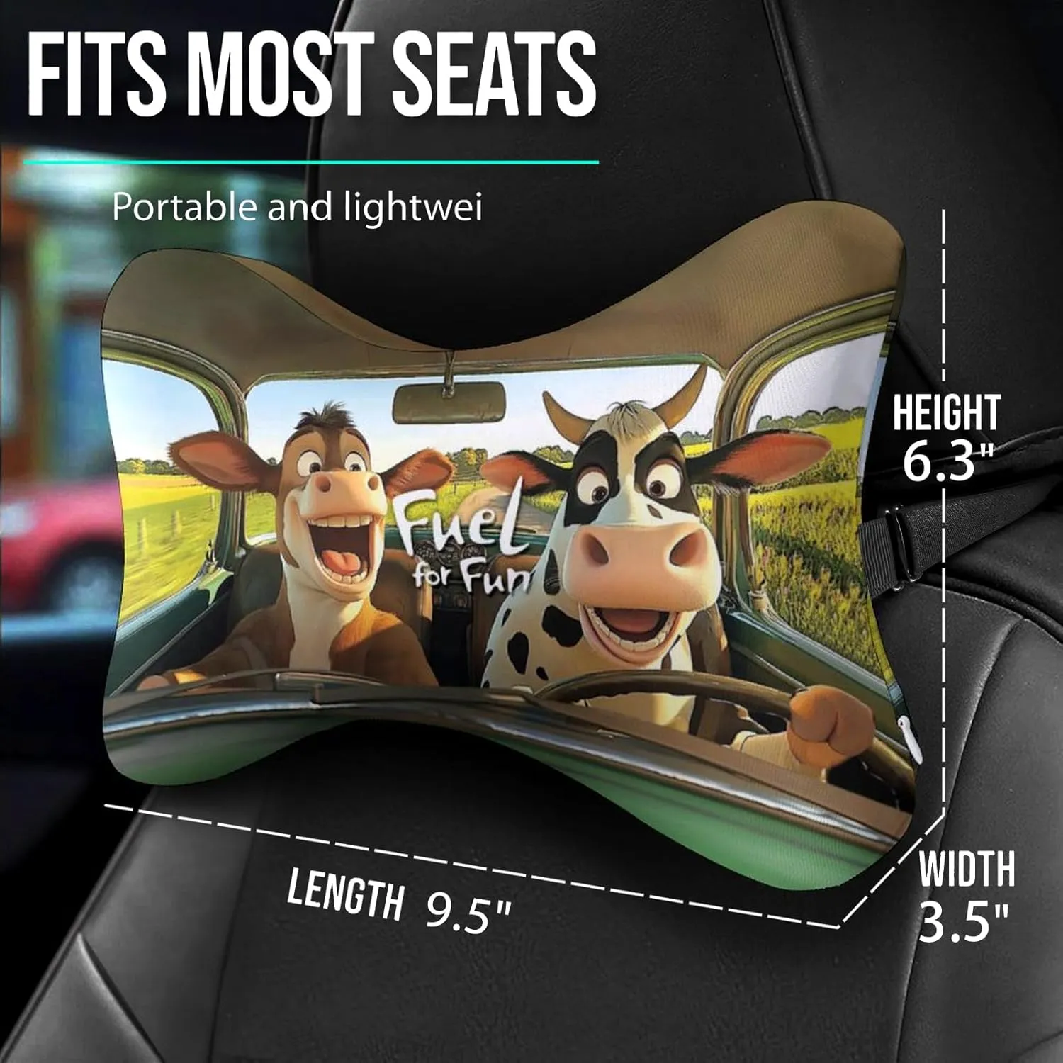 2Pcs Funny Cow Super Comfy Car Headrest Pillow for Neck Support 100% Memory Foam & Breathable Removable Cover Car Neck Pain Relief with Adjustable Strap - Softness Travel Car Neck Pillow