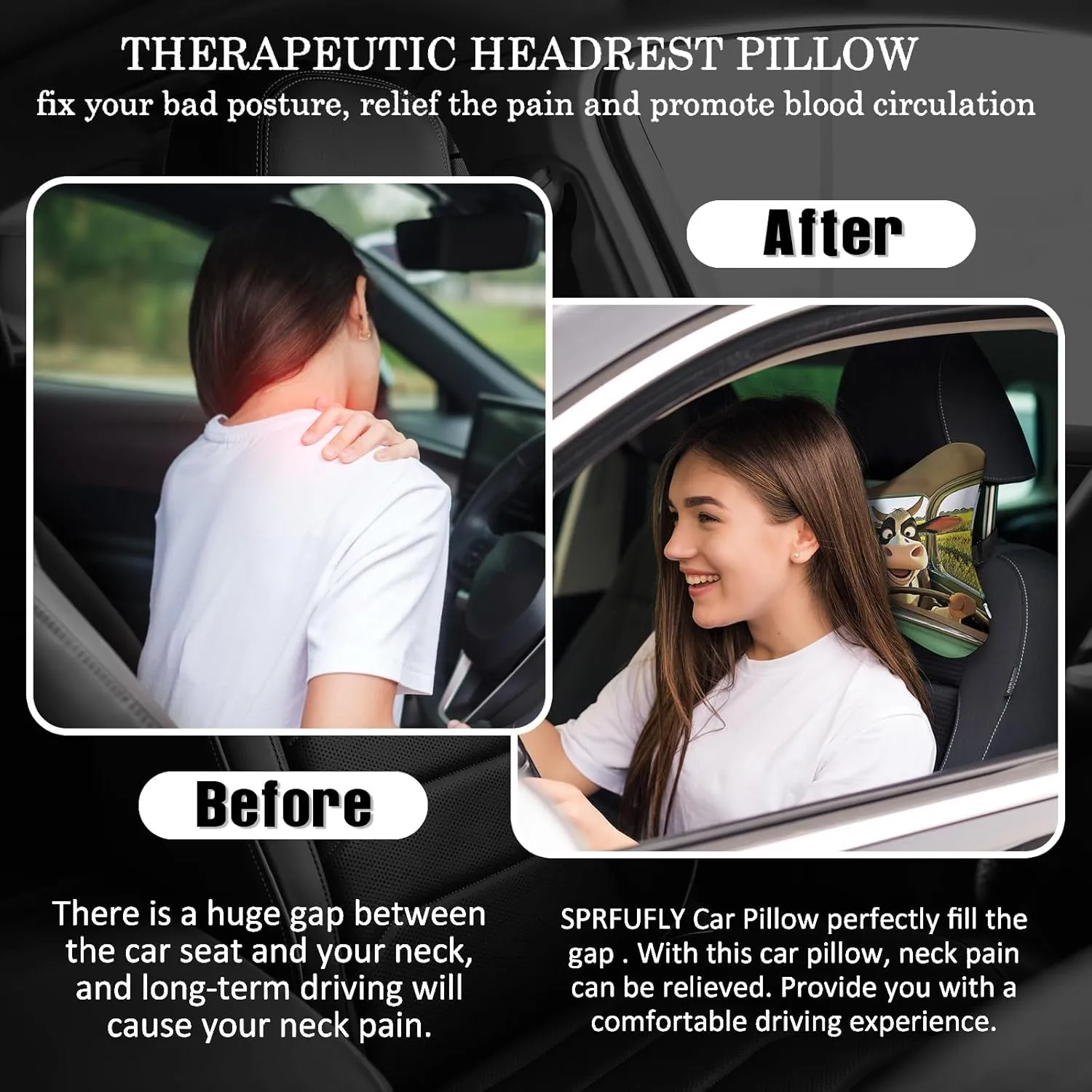 2Pcs Funny Cow Super Comfy Car Headrest Pillow for Neck Support 100% Memory Foam & Breathable Removable Cover Car Neck Pain Relief with Adjustable Strap - Softness Travel Car Neck Pillow