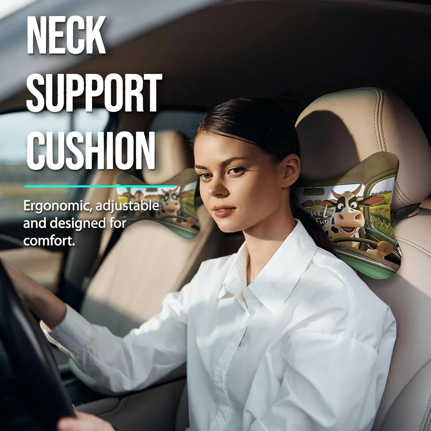 2Pcs Funny Cow Super Comfy Car Headrest Pillow for Neck Support 100% Memory Foam & Breathable Removable Cover Car Neck Pain Relief with Adjustable Strap - Softness Travel Car Neck Pillow
