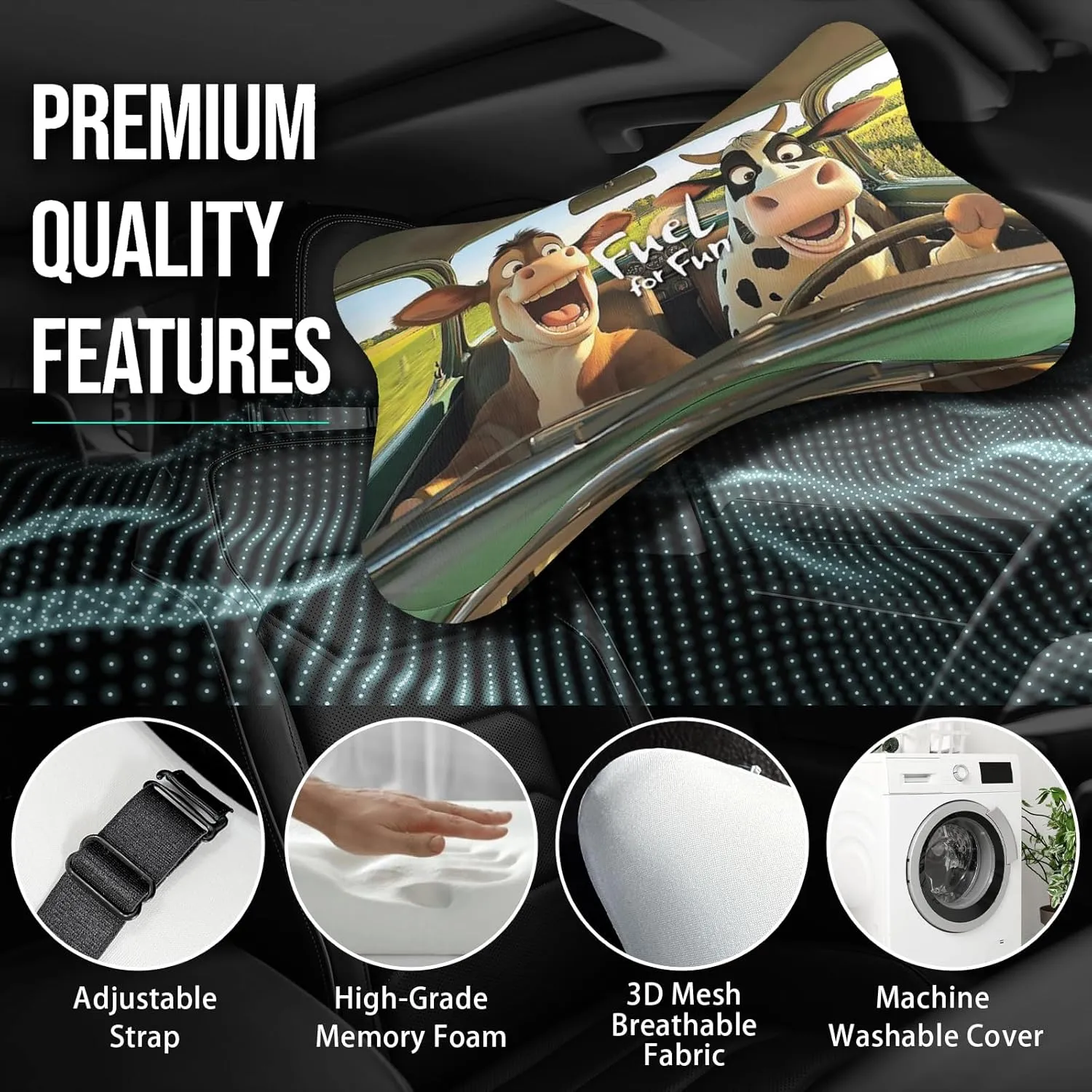 2Pcs Funny Cow Super Comfy Car Headrest Pillow for Neck Support 100% Memory Foam & Breathable Removable Cover Car Neck Pain Relief with Adjustable Strap - Softness Travel Car Neck Pillow