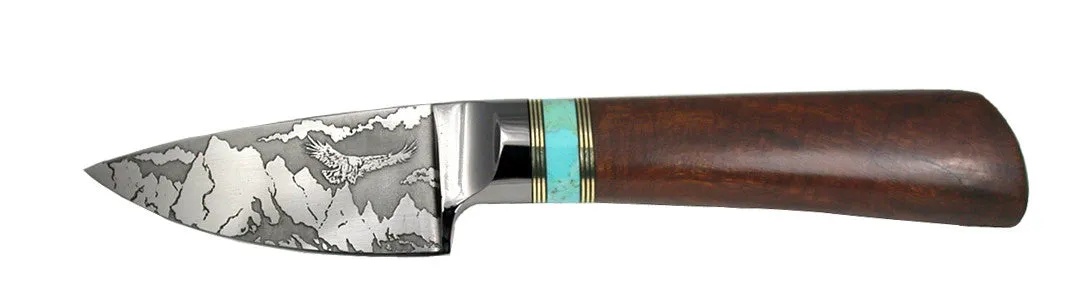 3 inch Dropped Edge Utility Knife with 'Devil's Postpile' Etching.